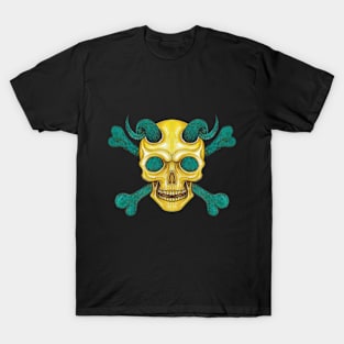 Demon skull and crossbones set turquoise with gold. T-Shirt
